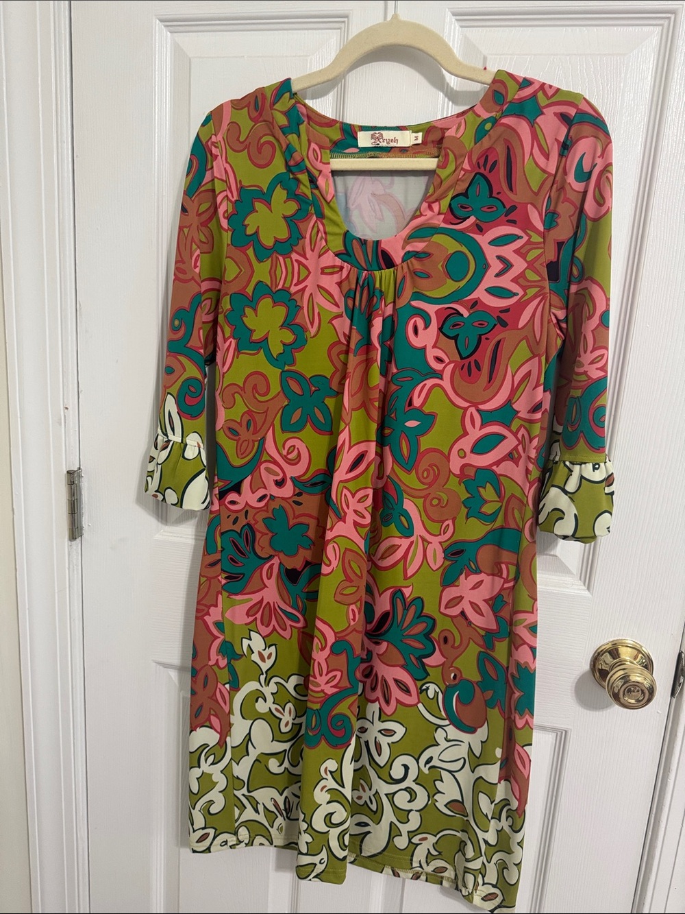 Olive & Coral  Floral-Print 3/4 length ruffled edge sleeve Dress